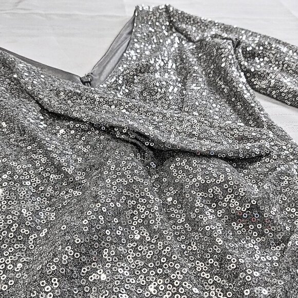 NWT AIDAN MATTOX Silver Sequin Embellished LS Faux Wrap Cocktail Mini Dress Sz 4 - Picture 6 of 10
